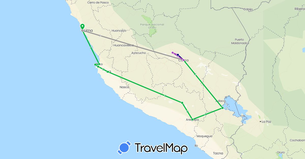 TravelMap itinerary: driving, bus, plane, train in Peru (South America)